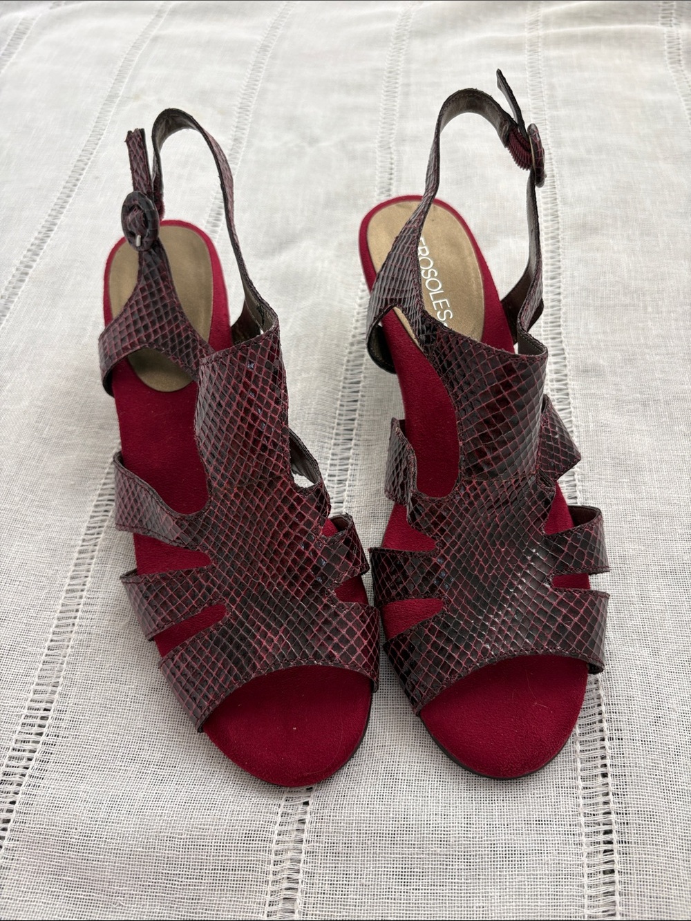 Aerosoles Burgundy Red Strappy Snake-Texture Heeled Sandals